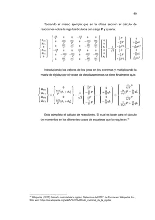 40
Tomando el mismo ejemplo que en la última sección el cálculo de
reacciones sobre la viga biarticulada con carga P y q sería:
Introduciendo los valores de los giros en los extremos y multiplicando la
matriz de rigidez por el vector de desplazamientos se tiene finalmente que:
Esto completa el cálculo de reacciones. El cual es base para el cálculo
de momentos en los diferentes casos de escaleras que lo requieran.16
16
Wikipedia. (2017). Método matricial de la rigidez. Setiembre del 2017, de Fundación Wikipedia, Inc.,
Sitio web: https://es.wikipedia.org/wiki/M%C3%A9todo_matricial_de_la_rigidez
 