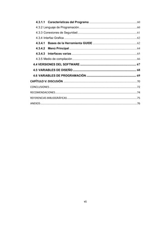 4.3.1.1 Características del Programa .................................................................60
4.3.2 Lenguaje de Programación...............................................................................60
4.3.3 Conexiones de Seguridad.................................................................................61
4.3.4 Interfaz Grafica ...................................................................................................62
4.3.4.1 Bases de la Herramienta GUIDE ............................................................62
4.3.4.2 Menú Principal ............................................................................................64
4.3.4.3 Interfaces varias.........................................................................................65
4.3.5 Medio de compilación........................................................................................66
4.4 VERSIONES DEL SOFTWARE ...................................................................... 67
4.5 VARIABLES DE DISEÑO ............................................................................... 68
4.6 VARIABLES DE PROGRAMACIÓN .............................................................. 69
CAPÍTULO V: DISCUSIÓN ....................................................................................................70
CONCLUSIONES.......................................................................................................................72
RECOMENDACIONES...............................................................................................................74
REFERENCIAS BIBLIOGRÁFICAS...............................................................................................75
ANEXOS...................................................................................................................................76
vi
 