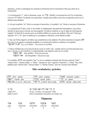 femenina. ¿Cómo se distinguen los sustantivos femeninos de los masculinos? Hay que observar la
terminación.
3. La terminación h : (ah) es femenina, como en hr:cæ (Saráh). La terminación en t (t) es femenina,
como en tWr (Rut). Las demás son masculinas. Aunque para ambos casos hay excepciones; pero eso lo
dejamos para después.
4. Así que la palabra “ze” (éste) se usa para el masculino, y la palabra “zot” (ésta) se usa para el femenino.
5. La preposición h} (ha), como se usa arriba, es simplemente una partícula interrogativa, cuya única
función es hacer que la oración sea una pregunta. En hebreo moderno se usa el signo de interrogación
español ? al final de la oración, pero en el hebreo bíblico no existe este símbolo. Hay otro hæ (ha) que
significa “el” o “la”, pero la nikúd que lo acompaña es diferente, como habrán notado.
6. Hay una forma negativa en hebreo que estudiaremos más adelante. Por ahora usaremos el negativo alø
(lo), que es un negativo coloquial aceptable. La construcción hebrea es idéntica a la española:
rp,se alø hz≤ alø (Lo, ze lo séfer) = No, éste no es un libro.
7. Nótese también que en la mayoría de los casos el verbo “ser”, cuando está en su forma presente (soy,
eres y son) no se usa en hebreo; se sobreentiende, está implícito, pero no se escribe.
hs;p]Wq tazO (Zot qufsáh) = Ésta [es] una caja.
hs;p]Wqhæ tazO (Zot haqufsáh) = ésta [es] la caja.
8. La palabra !/lvæ que significa “paz” se usa en cualquier momento del día para expresar “hola,”
“buenos días,” “buenas tardes,” o “adiós.” Además de “paz” significa “bienestar” y “salud.” Hay otras
palabras para “buenos días, “buenas tardes,” y “buenas noches,” pero las veremos más adelante.
Más vocabulario y práctica
tl,d, délet puerta @/ljæ jalón ventana hn˛Wmt] temunáh cuadro
hP;x]yrI ritspáh piso hræq]ti tiqráh techo ryqi qir pared
daom] b/f tov me’ód ¡Muy bien! lKohæ hz“ ze hakól Eso es todo !/lvæ shalóm adiós, hola
hz≤ hmæ Wkw“ hn˛Wmt] tazO tl,d≤ taoz ryqi hz≤
¿Mah zéh? Ze qir, zot délet, zot temunáh, ve
khú.
¿Qué es esto? Esta es una pared, una puerta, un cuadro, etc.
Números
dj;a !yIn˛v] hv;/lv] h[;B;r“aæ hv;mih}
ejád shenáyim shelosháh arba’áh hamisháh
1 2 3 4 5
 