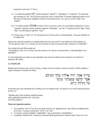 pronuncia como una “e” breve.
11) La undécima palabra hB;r˛ puede significar “grande” o “abundante” o “inmensa.” Es femenina
por terminar en “ah”. De la forma masculina viene el título Rabí. El puntito (dáguesh) dentro de la
Bet tiene la función de reduplicar la letra en la prounicación. Así que no se dice “rabá” sino
“rabbá.”
12) Y la última palabra *tâ,n:Wma,“ es llana y lleva su acento escrito. Es una palabra compuesta. La raíz,
“emunáh” significa fe pero también significa “fidelidad,” “ser fiel.” La partícula final “téka” (léase
“téja” con jota áspera) significa “tuya.”
13) Nótese que es verbo “es” no está presente en la frase pero se sobreentiende, y hay que añadirlo en
la traducción.
Espero que cada uno produzca su propia traducción de esta oración. Una traducción literal puede ser:
“Te doy gracias, Rey vivo y eterno, por devolverme mi alma con misericordia. Grande es tu fidelidad.”
Una traducción más libre puede ser:
“Te agradezco, Rey vivo y eterno, por devolverme a la vida en tu misericordia. ¡Cuán abundante es tu
fidelidad!”
Lo más importante por ahora es que aprendan esta oración en hebreo (de memoria) y la utilicen al
despertar del sueño.
LA NETILÁH
Después de levantarse uno se lava la boca; y luego se lava las manos y dice la oración “netilát yadáyim.”
Aquí se bendice el nombre de Yhwh.
,!l;/[h; &l,m,â Wyhâeløa,“ hwhy hT;aæ &/rB;
WnW:yxiw“ wyt;/xmiB] Wnv;âD“qi rv,a}
.!yIdê:y: tlæytin“ l[æ
Si piensan que estoy abusando de su nobleza, tal vez tengan razón. Así que les voy a dar la pronunciación
de una vez:
“Barúkh atáh Yhwh Elohénu mélekh haolám,
ashér qiddeshánu bemitsvotáv vetsivánu
al netilát yadáyim.”
Noten los siguientes puntos:
1. En la palabra “atá” la Taw lleva un punto interior, un “dáguesh forte” que indica la reduplicación
de la letra.. Así que se pronuncia “at-tá” y no “atá.”
2. Lo mismo va para la palabra “qiddeshánu,” que se pronuncia “qid-deshánu.”
3. La palabra “bemitsvotáv” parecería como que debe pronunciarse “bemitsvotáyu” pero no es así.
 