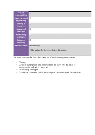 Visual
organization
X
Coherence and
sequencing
X
Variety of
resources
X
Stages and
activities
X
Scaffolding
strategies
X
Language
accuracy
X
Observations Outstanding!
I´ll be waiting for the recording of this lesson.
Each activity must be described in terms of the following components:
 Timing
 Activity description and instructions as they will be said to
students (include direct speech)
 Scaffolding strategies
 Transition comment to link each stage of the lesson with the next one
 