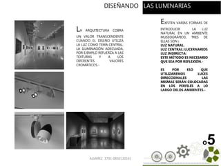 ALVAREZ 3701-0850|2016| 105
o5
DISEÑANDO LAS LUMINARIAS
EXISTEN VARIAS FORMAS DE
INTRODUCIR LA LUZ
NATURAL EN UN AMBIENTE
MUSEOGRÁFICO, TRES DE
ELLAS SON :
LUZ NATURAL.
LUZ CENTRAL: LUCERNARIOS
LUZ INDIRECTA:
ESTE MÉTODO ES NECESARIO
QUE SEA POR REFLEXIÓN.-
ES POR ESO QUE
UTILIZAREMOS LUCES
DIRECCIONALES LAS
MISMAS SERÁN COLOCADAS
EN LOS PERFILES A LO
LARGO DELOS AMBIENTES.-
LA ARQUITECTURA COBRA
UN VALOR TRANSCENDENTE
CUANDO EL DISEÑO UTILIZA
LA LUZ COMO TEMA CENTRAL.
LA ILUMINACIÓN ADECUADA,
POR EJEMPLO REFUERZA A LAS
TEXTURAS Y A LOS
DIFERENTES VALORES
CROMÁTICOS.-
 