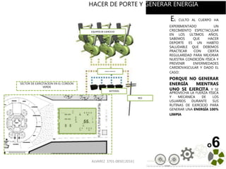 ALVAREZ 3701-0850|2016| 108
EL CULTO AL CUERPO HA
EXPERIMENTADO UN
CRECIMIENTO ESPECTACULAR
EN LOS ÚLTIMOS AÑOS.
SABEMOS QUE HACER
DEPORTE ES UN HABITO
SALUDABLE QUE DEBEMOS
PRACTICAR CON CIERTA
REGULARIDAD PARA MEJORAR
NUESTRA CONDICIÓN FÍSICA Y
PREVENIR ENFERMEDADES
CARDIOVASCULAR Y DADO EL
CASO:
PORQUE NO GENERAR
ENERGÍA MIENTRAS
UNO SE EJERCITA. Y SE
APROVECHA LA FUERZA FÍSICA
Y MECÁNICA DE LOS
USUARIOS DURANTE SUS
RUTINAS DE EJERCICIO PARA
GENERAR UNA ENERGÍA 100%
LIMPIA
o6
EQUIPOS DE EJERCICIO
BATERIAS
RED
ENERGIA GENERADA
HACER DE PORTE Y GENERAR ENERGIA
SECTOR DE EJERCITACION EN EL CORDON
VERDE
 