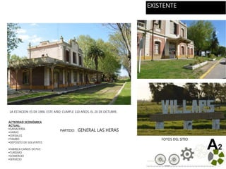 LA ESTACION ES DE 1906. ESTE AÑO, CUMPLE 110 AÑOS. EL 20 DE OCTUBRE.
A2
ACTIVIDAD ECONÓMICA
ACTUAL:
GANADERÍA
HARAS
CEREALES
TAMBO
DEPÓSITO DE SOLVENTES
FABRICA CAÑOS DE PVC
TURISMO
COMERCIO
SERVICIO
PARTIDO: GENERAL LAS HERAS
FOTOS DEL SITIO
EXISTENTE
 