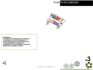 ALVAREZ 3701-0850|2016| 40
o3
PLANTA DE SUBSUEO
REFERENCIAS
43. BAÑO DE TRAS BAMBALINA 44. CAMARIN A
45 CAMARIN B 46_ SALA DE CALDERAS 47-
GRUPO ELECTROGENO 48-TABLERO ELECTRICO
49.MANTENIMIENTO 50-DEPOSITO DE
AUDITORIO 51-SALA DE BOMBEO 52- SALIDA DE
EMERGENCIA E INGRESO 53-RAMPA
 