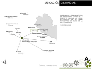 ALVAREZ 3701-0850|2016| 8
A2
SE ENCUENTRA A 18 KM DE LA CIUDAD
DE MARCOS PAZ Y A 18 KM DE LA
CIUDAD DE GENERAL LAS HERAS,
ACCEDIÉNDOSE POR UN CAMINO
PAVIMENTADO QUE SURGE DE LA
RUTA PROVINCIAL 6.
A 32 KM DE MERLO-
UBICACIÓN |DISTANCIAS|
 