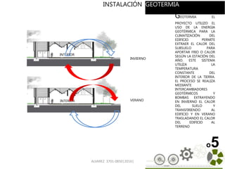 ALVAREZ 3701-0850|2016| 96
o5
INSTALACION
GEOTERMIA EL
PROYECTO UTILIZO EL
USO DE LA ENERGIA
GEOTÉRMICA PARA LA
CLIMATIZACIÓN DEL
EDIFICIO. PERMITE
EXTRAER EL CALOR DEL
SUBSUELO PARA
APORTAR FRIO O CALOR
SEGÚN LA ESTACIÓN DEL
AÑO. ESTE SISTEMA
UTILIZA LA
TEMPERATURA
CONSTANTE DEL
INTERIOR DE LA TIERRA.
EL PROCESO SE REALIZA
MEDIANTE
INTERCAMBIADORES
GEOTÉRMICOS Y
BOMBAS EXTRAYENDO
EN INVIERNO EL CALOR
DEL SUELO Y
TRANSFIRIENDO AL
EDIFICIO Y EN VERANO
TRASLADANDO EL CALOR
DEL EDIFICIO AL
TERRENO
INTERIOR
INTERIOR VERANO
INVIERNO
INSTALACIÓN GEOTERMIA
 