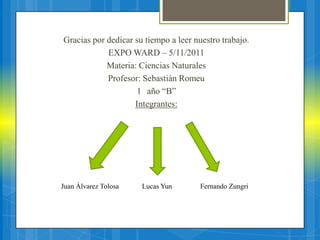 Gracias por dedicar su tiempo a leer nuestro trabajo.
            EXPO WARD – 5/11/2011
            Materia: Ciencias Naturales
            Profesor: Sebastián Romeu
                    1 año ―B‖
                    Integrantes:




Juan Álvarez Tolosa   Lucas Yun        Fernando Zungri
 