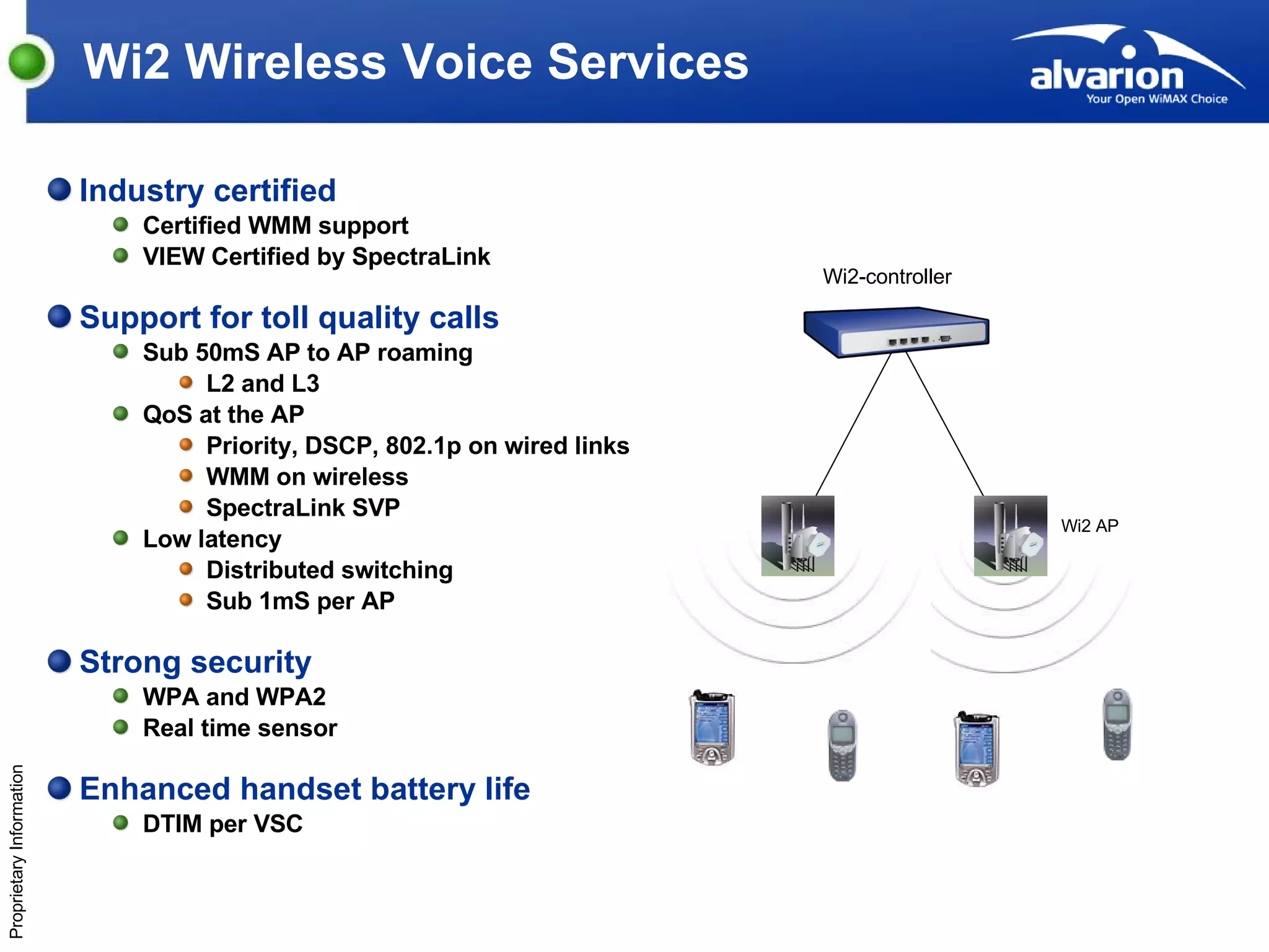 Wi2 Wireless Voice Services Industry certified Certified WMM support VIEW Certified by SpectraLink Support for toll quality calls Sub 50mS AP to AP roaming L2 and L3 QoS at the AP Priority, DSCP, 802.1p on wired links WMM on wireless SpectraLink SVP Low latency Distributed switching Sub 1mS per AP Strong security WPA and WPA2 Real time sensor Enhanced handset battery life DTIM per VSC Wi2-controller Wi2 AP 