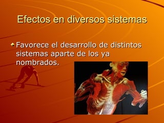 Efectos en diversos sistemas Favorece el desarrollo de distintos sistemas aparte de los ya nombrados. 