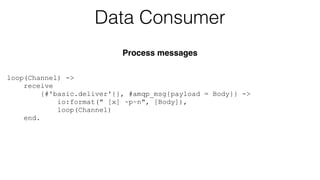 loop(Channel) -> 
receive 
{#'basic.deliver'{}, #amqp_msg{payload = Body}} -> 
io:format(" [x] ~p~n", [Body]), 
loop(Channel) 
end. 
Data Consumer 
Process messages 
 