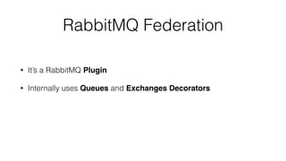 RabbitMQ Federation 
• It’s a RabbitMQ Plugin 
• Internally uses Queues and Exchanges Decorators 
 