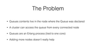 The Problem 
• Queues contents live in the node where the Queue was declared 
• A cluster can access the queue from every connected node 
• Queues are an Erlang process (tied to one core) 
• Adding more nodes doesn’t really help 
 