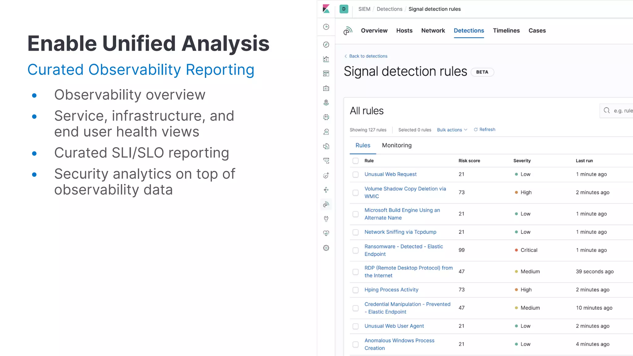 Enable Unified Analysis
Curated Observability Reporting
• Observability overview
• Service, infrastructure, and
end user health views
• Curated SLI/SLO reporting
• Security analytics on top of
observability data
 