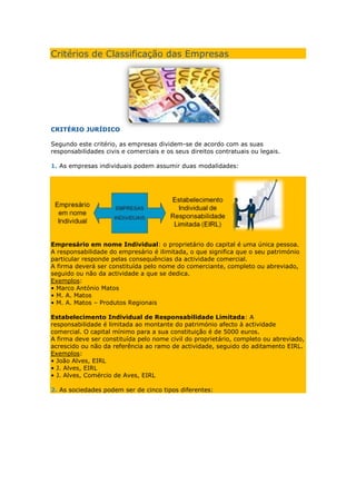 Critérios de Classificação das Empresas




CRITÉRIO JURÍDICO

Segundo este critério, as empresas dividem-se de acordo com as suas
responsabilidades civis e comerciais e os seus direitos contratuais ou legais.

1. As empresas individuais podem assumir duas modalidades:




Empresário em nome Individual: o proprietário do capital é uma única pessoa.
A responsabilidade do empresário é ilimitada, o que significa que o seu património
particular responde pelas consequências da actividade comercial.
A firma deverá ser constituída pelo nome do comerciante, completo ou abreviado,
seguido ou não da actividade a que se dedica.
Exemplos:
• Marco António Matos
• M. A. Matos
• M. A. Matos – Produtos Regionais

Estabelecimento Individual de Responsabilidade Limitada: A
responsabilidade é limitada ao montante do património afecto à actividade
comercial. O capital mínimo para a sua constituição é de 5000 euros.
A firma deve ser constituída pelo nome civil do proprietário, completo ou abreviado,
acrescido ou não da referência ao ramo de actividade, seguido do aditamento EIRL.
Exemplos:
• João Alves, EIRL
• J. Alves, EIRL
• J. Alves, Comércio de Aves, EIRL

2. As sociedades podem ser de cinco tipos diferentes:
 