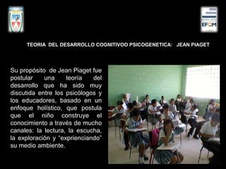 Su propósito de Jean Piaget fue
postular una teoría del
desarrollo que ha sido muy
discutida entre los psicólogos y
los educadores, basado en un
enfoque holístico, que postula
que el niño construye el
conocimiento a través de mucho
canales: la lectura, la escucha,
la exploración y “exprienciando”
su medio ambiente.
TEORIA DEL DESARROLLO COGNITIVOO PSICOGENETICA: JEAN PIAGET
 