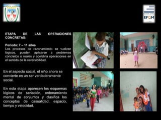 ETAPA DE LAS OPERACIONES
CONCRETAS:
Periodo: 7 – 11 años
Los procesos de razonamiento se vuelven
lógicos, pueden aplicarse a problemas
concretos o reales y coordina operaciones en
el sentido de la reversibilidad.
En el aspecto social, el niño ahora se
convierte en un ser verdaderamente
social.
En esta etapa aparecen los esquemas
lógicos de seriación, ordenamiento
mental de conjuntos y clasifica los
conceptos de casualidad, espacio,
tiempo y velocidad.
 