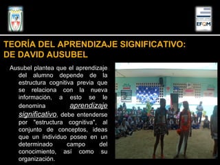 Ausubel plantea que el aprendizaje
del alumno depende de la
estructura cognitiva previa que
se relaciona con la nueva
información, a esto se le
denomina aprendizaje
significativo, debe entenderse
por "estructura cognitiva", al
conjunto de conceptos, ideas
que un individuo posee en un
determinado campo del
conocimiento, así como su
organización.
TEORÍA DEL APRENDIZAJE SIGNIFICATIVO:
DE DAVID AUSUBEL
 