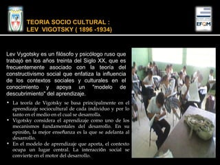 Lev Vygotsky es un filósofo y psicólogo ruso que
trabajó en los años treinta del Siglo XX, que es
frecuentemente asociado con la teoría del
constructivismo social que enfatiza la influencia
de los contextos sociales y culturales en el
conocimiento y apoya un "modelo de
descubrimiento" del aprendizaje.
TEORIA SOCIO CULTURAL :
LEV VIGOTSKY ( 1896 -1934)
• La teoría de Vigotsky se basa principalmente en el
aprendizaje sociocultural de cada individuo y por lo
tanto en el medio en el cual se desarrolla.
• Vigotsky considera el aprendizaje como uno de los
mecanismos fundamentales del desarrollo. En su
opinión, la mejor enseñanza es la que se adelanta al
desarrollo.
• En el modelo de aprendizaje que aporta, el contexto
ocupa un lugar central. La interacción social se
convierte en el motor del desarrollo.
 