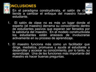 CONCLUSIONES
1. En el paradigma constructivista, el salón de clase
tiende a cambiar el enfoque del maestro hacia el
estudiante.
1. El salón de clase no es más un lugar donde el
experto (el maestro) derrama su conocimiento dentro
de estudiantes pasivos que esperan ser llenados por
la sabiduría del maestro. En el modelo constructivista
los estudiantes están ansiosos de involucrarse
activamente en su proceso de aprendizaje.
1. El maestro funciona más como un facilitador que
dirige, mediatiza, promueve y ayuda al estudiante a
desarrollar y accesar su conocimiento, por lo tanto, su
aprendizaje. Una de las funciones más importante del
maestro es hacer buenas preguntas.
 