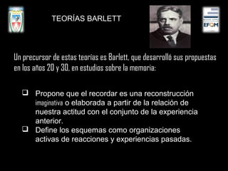  Propone que el recordar es una reconstrucción
imaginativa o elaborada a partir de la relación de
nuestra actitud con el conjunto de la experiencia
anterior.
 Define los esquemas como organizaciones
activas de reacciones y experiencias pasadas.
TEORÍAS BARLETT
Un precursor de estas teorías es Barlett, que desarrolló sus propuestas
en los años 20 y 30, en estudios sobre la memoria:
 