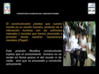 El constructivismo plantea que nuestro
mundo es un mundo humano, producto de la
interacción humana con los estímulos
naturales y sociales que hemos alcanzado a
procesar desde nuestras "operaciones
mentales (Piaget).
Esta posición filosófica constructivista
implica que el conocimiento humano no se
recibe en forma pasiva ni del mundo ni de
nadie, sino que es procesado y construido
activamente.
CONCEPCIÓN FILOSOFICA DEL CONSTRUCTIVISMO
 
