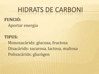 HIDRATS DE CARBONI
FUNCIÓ:
- Aportar energia
TIPUS:
- Monosacàrids: glucosa, fructosa
- Disacàrids: sacarosa, lactosa, maltosa
- Polisacàrids: glucògen
 