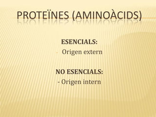PROTEÏNES (AMINOÀCIDS)
ESENCIALS:
- Origen extern
NO ESENCIALS:
- Origen intern
 