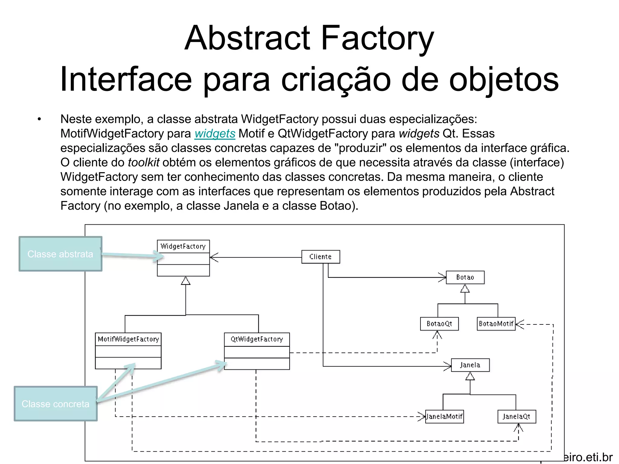 Abstract Factory 
Interface para criação de objetos 
• Neste exemplo, a classe abstrata WidgetFactory possui duas especializações: 
MotifWidgetFactory para widgets Motif e QtWidgetFactory para widgets Qt. Essas 
especializações são classes concretas capazes de "produzir" os elementos da interface gráfica. 
O cliente do toolkit obtém os elementos gráficos de que necessita através da classe (interface) 
WidgetFactory sem ter conhecimento das classes concretas. Da mesma maneira, o cliente 
somente interage com as interfaces que representam os elementos produzidos pela Abstract 
Factory (no exemplo, a classe Janela e a classe Botao). 
www.alvarofpinheiro.eti.br 
Classe abstrata 
Classe concreta 
 