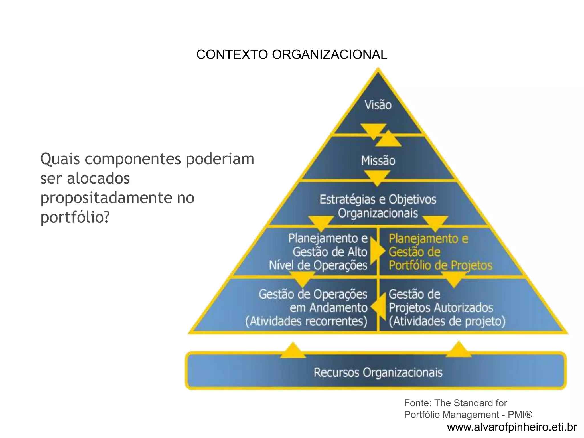 CONTEXTO ORGANIZACIONAL 
Quais componentes poderiam 
ser alocados 
propositadamente no 
portfólio? 
Fonte: The Standard for 
Portfólio Management - PMI® 
www.alvarofpinheiro.eti.br 
 