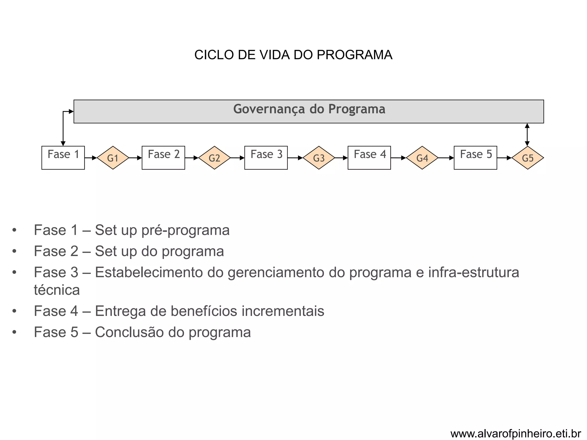CICLO DE VIDA DO PROGRAMA 
Governança do Programa 
Fase 1 Fase G1 2 G2 Fase 3 G3 Fase 4 G4 Fase 5 G5 
• Fase 1 – Set up pré-programa 
• Fase 2 – Set up do programa 
• Fase 3 – Estabelecimento do gerenciamento do programa e infra-estrutura 
técnica 
• Fase 4 – Entrega de benefícios incrementais 
• Fase 5 – Conclusão do programa 
www.alvarofpinheiro.eti.br 
 