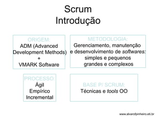 Scrum 
Introdução 
ORIGEM: 
ADM (Advanced 
Development Methods) 
+ 
VMARK Software 
METODOLOGIA: 
Gerenciamento, manutenção 
e desenvolvimento de softwares: 
simples e pequenos 
grandes e complexos 
PROCESSO: 
Ágil 
Empírico 
Incremental 
BASE P/ SCRUM: 
Técnicas e tools OO 
www.alvarofpinheiro.eti.br 
 