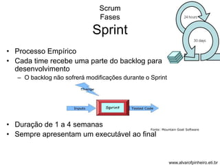 Scrum 
Fases 
Sprint 
• Processo Empírico 
• Cada time recebe uma parte do backlog para 
desenvolvimento 
– O backlog não sofrerá modificações durante o Sprint 
• Duração de 1 a 4 semanas 
• Sempre apresentam um executável ao final 
Fonte: Mountain Goat Software 
www.alvarofpinheiro.eti.br 
 