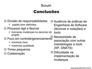 Conclusões 
 Divisão de responsabilidades 
 papéis bem definidos 
 Processo ágil e flexível 
 inúmeras mudanças no decorrer do 
projeto 
 Foco em controle/gerenciamento 
 minimiza risco 
 maximiza qualidade 
 Times pequenos 
 Colaboração 
 Ausência de práticas de 
Engenharia de Software 
(técnicas e notações) e 
tools 
 Necessidade de 
associação com outras 
metodologias e tools 
(XP, GNATS) 
 Dificuldade na 
implementação de 
mudanças 
Scrum 
www.alvarofpinheiro.eti.br 
 
