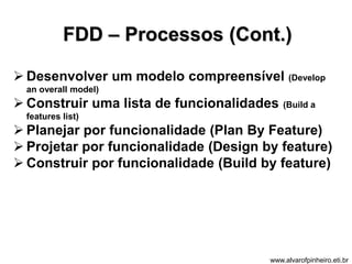 FDD – Processos (Cont.) 
 Desenvolver um modelo compreensível (Develop 
an overall model) 
 Construir uma lista de funcionalidades (Build a 
features list) 
 Planejar por funcionalidade (Plan By Feature) 
 Projetar por funcionalidade (Design by feature) 
 Construir por funcionalidade (Build by feature) 
www.alvarofpinheiro.eti.br 
 