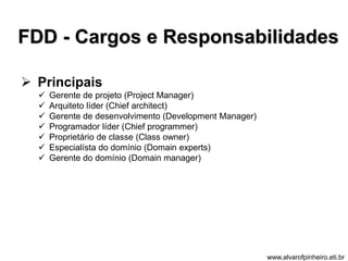 FDD - Cargos e Responsabilidades 
 Principais 
 Gerente de projeto (Project Manager) 
 Arquiteto líder (Chief architect) 
 Gerente de desenvolvimento (Development Manager) 
 Programador líder (Chief programmer) 
 Proprietário de classe (Class owner) 
 Especialísta do domínio (Domain experts) 
 Gerente do domínio (Domain manager) 
www.alvarofpinheiro.eti.br 
 