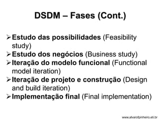 DSDM – Fases (Cont.) 
Estudo das possibilidades (Feasibility 
study) 
Estudo dos negócios (Business study) 
Iteração do modelo funcional (Functional 
model iteration) 
Iteração de projeto e construção (Design 
and build iteration) 
Implementação final (Final implementation) 
www.alvarofpinheiro.eti.br 
 
