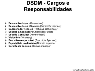 DSDM - Cargos e 
Responsabilidades 
 Desenvolvedores (Developers) 
 Desenvolvedores Sêniores (Senior Developers) 
 Coordenador Técnico (Technical Coordinator 
 Usuário Embaixador (Ambassador User) 
 Usuário Consultor (Adviser User) 
 Visionário (Visionary) 
 Executivo responsável (Executive Sponsor) 
 Especialísta do domínio (Domain experts) 
 Gerente do domínio (Domain manager) 
www.alvarofpinheiro.eti.br 
 