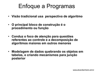 Enfoque a Programas 
• Visão tradicional usa perspectiva de algoritmo 
• O principal bloco de construção é o 
procedimento ou função 
• Conduz o foco de atenção para questões 
referentes ao controle e a decomposição de 
algoritmos maiores em outros menores 
• Modelagem de dados quebrando os objetos em 
tabelas, e criando mecanismos para junção 
posterior 
www.alvarofpinheiro.eti.br 
 