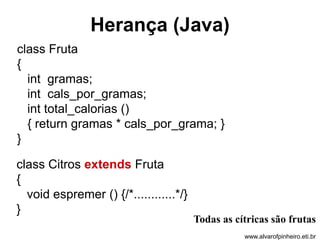 Herança (Java) 
class Fruta 
{ 
int gramas; 
int cals_por_gramas; 
int total_calorias () 
{ return gramas * cals_por_grama; } 
} 
class Citros extends Fruta 
{ 
void espremer () {/*............*/} 
} 
Todas as cítricas são frutas 
www.alvarofpinheiro.eti.br 
 