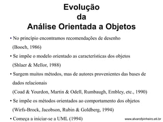 Evolução 
da 
Análise Orientada a Objetos 
• No princípio encontramos recomendações de desenho 
(Booch, 1986) 
• Se impõe o modelo orientado as características dos objetos 
(Shlaer & Mellor, 1988) 
• Surgem muitos métodos, mas de autores provenientes das bases de 
dados relacionais 
(Coad & Yourdon, Martin & Odell, Rumbaugh, Embley, etc., 1990) 
• Se impõe os métodos orientados ao comportamento dos objetos 
(Wirfs-Brock, Jacobson, Rubin & Goldberg, 1994) 
• Começa a iniciar-se a UML (1994) www.alvarofpinheiro.eti.br 
 