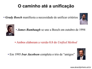 O caminho até a unificação 
• Grady Booch manifiesta a necessidade de unificar critérios 
• James Rumbaugh se une a Booch em outubro de 1994 
• Ambos elaboram a versão 0.8 do Unified Method 
• Em 1995 Ivar Jacobson completa o trio de “amigos” 
www.alvarofpinheiro.eti.br 
 