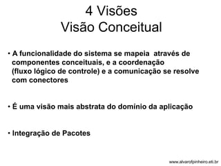 4 Visões 
Visão Conceitual 
• A funcionalidade do sistema se mapeia através de 
componentes conceituais, e a coordenação 
(fluxo lógico de controle) e a comunicação se resolve 
com conectores 
• É uma visão mais abstrata do domínio da aplicação 
• Integração de Pacotes 
www.alvarofpinheiro.eti.br 
 