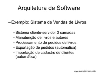 Arquitetura de Software 
–Exemplo: Sistema de Vendas de Livros 
–Sistema cliente-servidor 3 camadas 
–Manutenção de livros e autores 
–Processamento de pedidos de livros 
–Exportação de pedidos (automática) 
–Importação de cadastro de clientes 
(automática) 
www.alvarofpinheiro.eti.br 
 