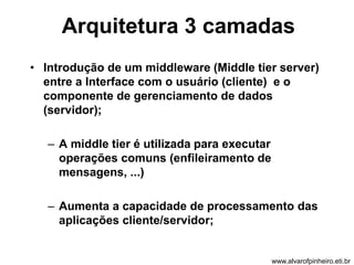 Arquitetura 3 camadas 
• Introdução de um middleware (Middle tier server) 
entre a Interface com o usuário (cliente) e o 
componente de gerenciamento de dados 
(servidor); 
– A middle tier é utilizada para executar 
operações comuns (enfileiramento de 
mensagens, ...) 
– Aumenta a capacidade de processamento das 
aplicações cliente/servidor; 
www.alvarofpinheiro.eti.br 
 