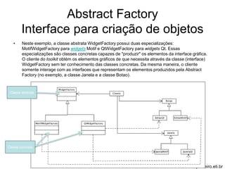Abstract Factory 
Interface para criação de objetos 
• Neste exemplo, a classe abstrata WidgetFactory possui duas especializações: 
MotifWidgetFactory para widgets Motif e QtWidgetFactory para widgets Qt. Essas 
especializações são classes concretas capazes de "produzir" os elementos da interface gráfica. 
O cliente do toolkit obtém os elementos gráficos de que necessita através da classe (interface) 
WidgetFactory sem ter conhecimento das classes concretas. Da mesma maneira, o cliente 
somente interage com as interfaces que representam os elementos produzidos pela Abstract 
Factory (no exemplo, a classe Janela e a classe Botao). 
www.alvarofpinheiro.eti.br 
Classe abstrata 
Classe concreta 
 