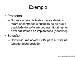 Exemplo 
• Problema 
– Durante a fase de testes muitos defeitos 
foram encontrados e suspeita-se de que a 
qualidade do software poderá não atingir um 
nível satisfatório na implantação (deadline). 
• Solução 
– Construir uma árvore GQM para auxiliar na 
tomada desta decisão. 
www.alvarofpinheiro.eti.br 
 