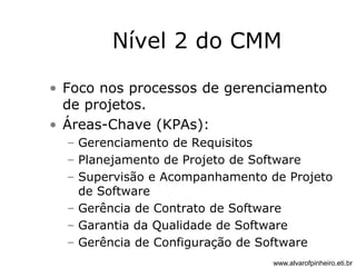 Nível 2 do CMM 
• Foco nos processos de gerenciamento 
de projetos. 
• Áreas-Chave (KPAs): 
– Gerenciamento de Requisitos 
– Planejamento de Projeto de Software 
– Supervisão e Acompanhamento de Projeto 
de Software 
– Gerência de Contrato de Software 
– Garantia da Qualidade de Software 
– Gerência de Configuração de Software 
www.alvarofpinheiro.eti.br 
 