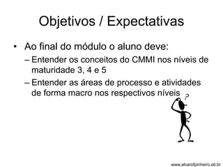 Objetivos / Expectativas 
• Ao final do módulo o aluno deve: 
– Entender os conceitos do CMMI nos níveis de 
maturidade 3, 4 e 5 
– Entender as áreas de processo e atividades 
de forma macro nos respectivos níveis 
www.alvarofpinheiro.eti.br 
 