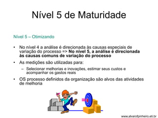 Nível 5 de Maturidade 
Nível 5 – Otimizando 
• No nível 4 a análise é direcionada às causas especiais de 
variação do processo => No nível 5, a análise é direcionada 
às causas comuns de variação do processo 
• As medições são utilizadas para: 
– Selecionar melhorias e inovações, estimar seus custos e 
acompanhar os gastos reais 
• OS processo definidos da organização são alvos das atividades 
de melhoria 
www.alvarofpinheiro.eti.br 
 